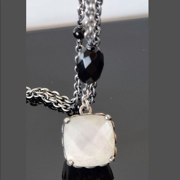 PANDORA Sincerity Sterling Silver Y Drop Mother of Pearl Onyx Station Necklace - Picture 8 of 12